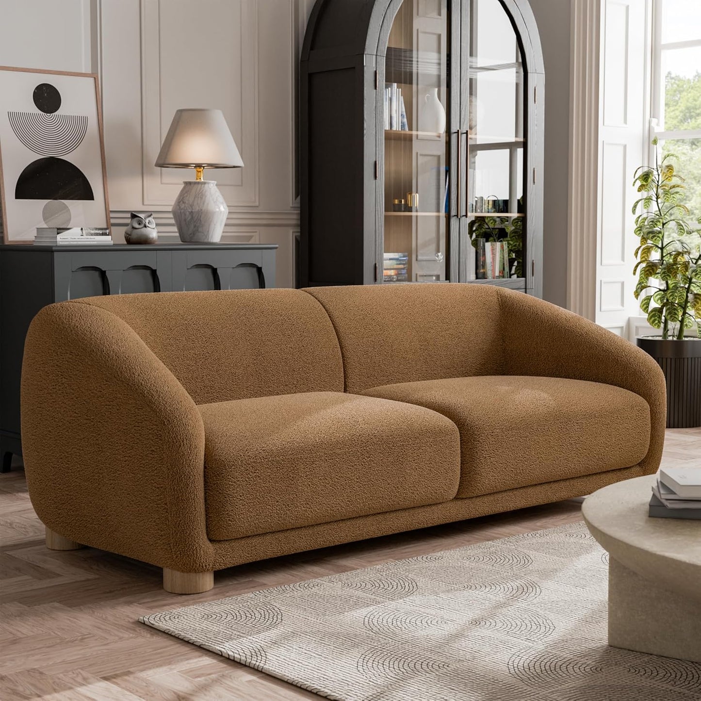 Kolvere Contemporary Boucle Sloped Arm Sofa with Wooden Feet - Brown