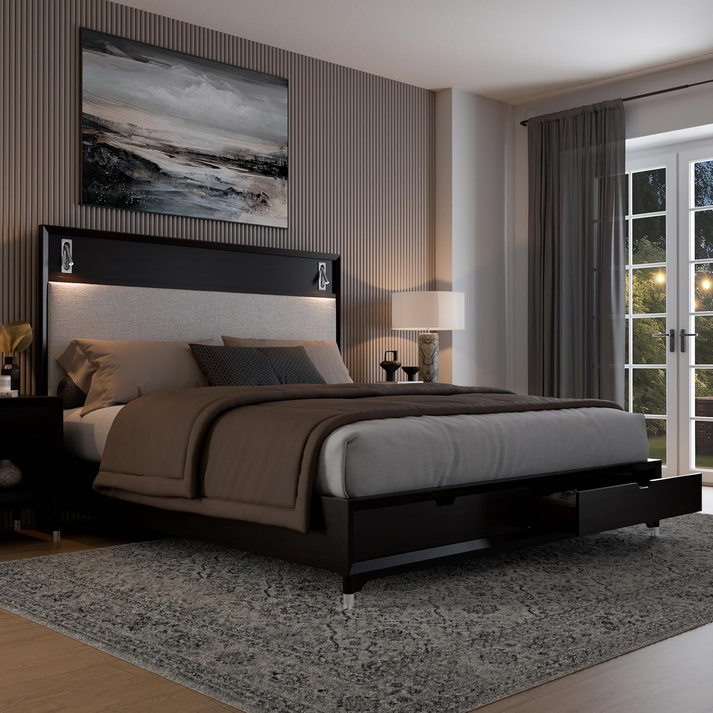 Torrance Mid-Century Modern King Storage Bed, Black