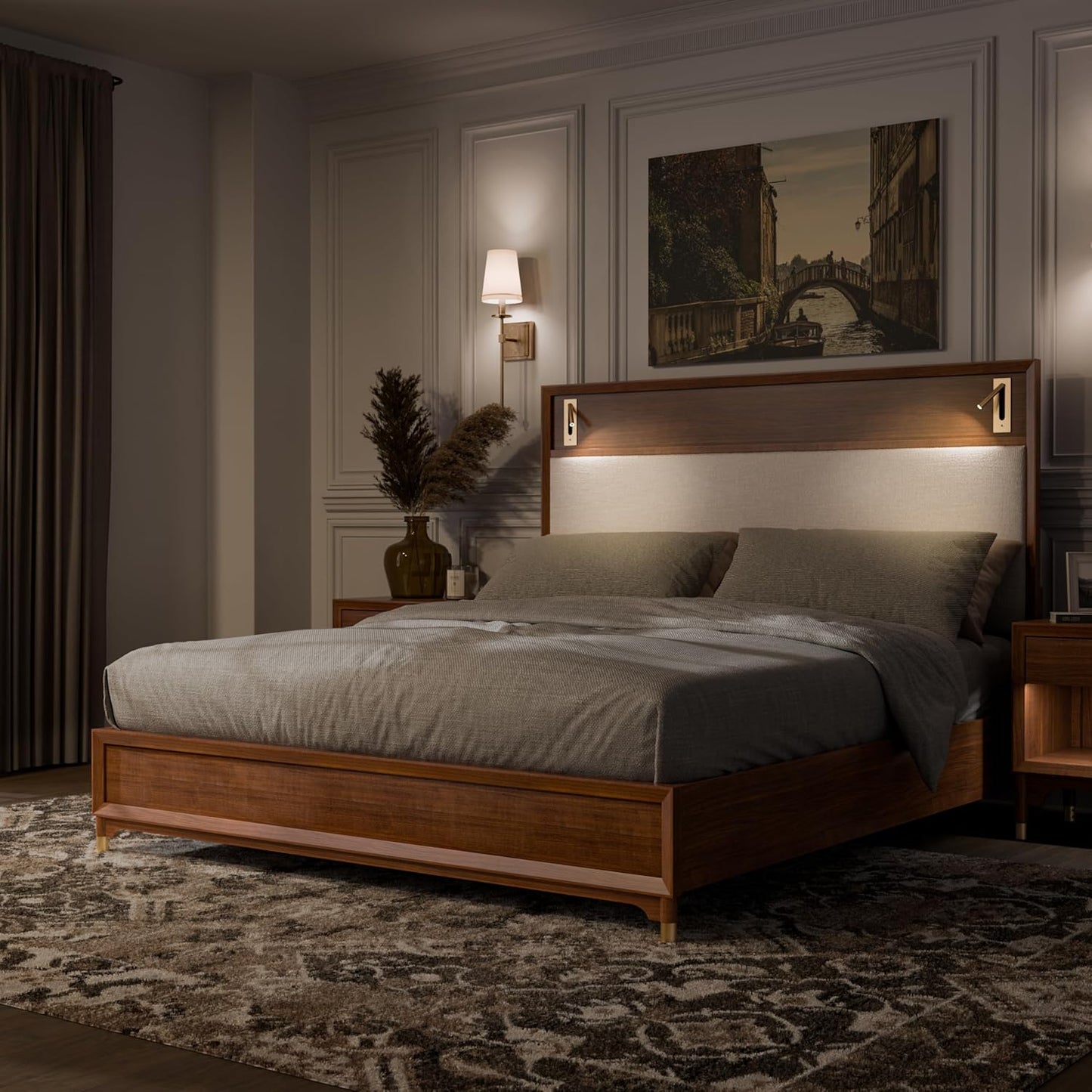 Hepburne Mid-Century Modern 4-Piece King Panel Bedroom Set - Walnut & Bouclé