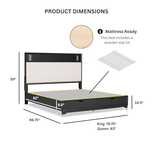 Torrance Mid-Century Modern King Storage Bed, Black