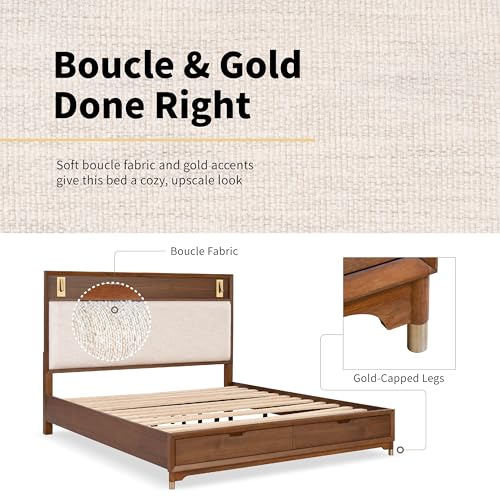 Hepburne Mid-Century Modern 4-Piece King Panel Bedroom Set - Walnut & Bouclé