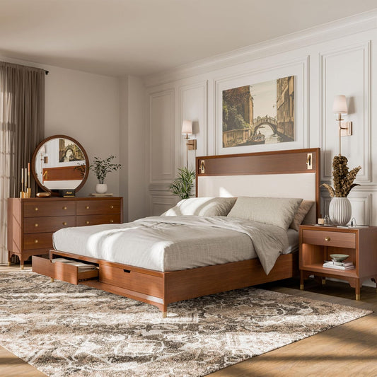 Hepburne Mid-Century Modern Queen Storage Bed, Walnut