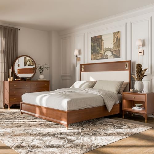 Hepburne Mid-Century Modern 4-Piece King Panel Bedroom Set - Walnut & Bouclé
