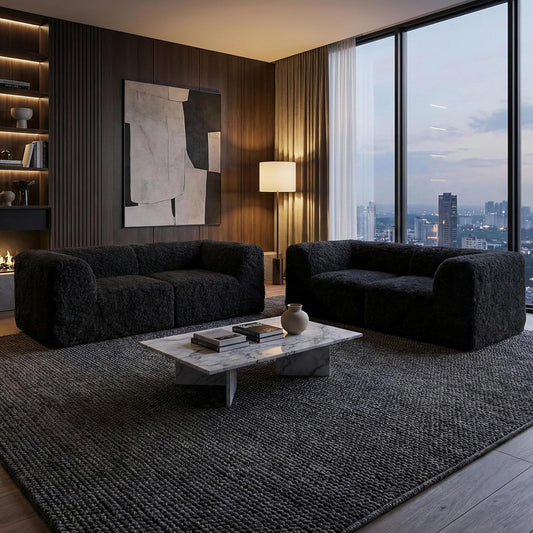 Nappi Modern Faux Fur Compressed 2-Piece Living Room Set - Black