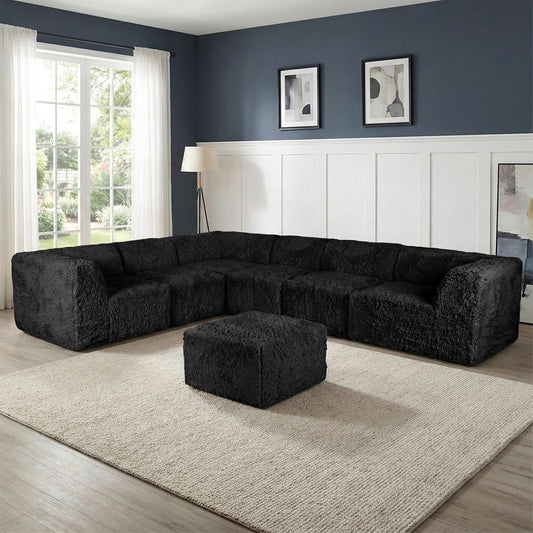 Nappi Modern 7-Piece Faux Fur Compressed Sectional & Ottoman - Black