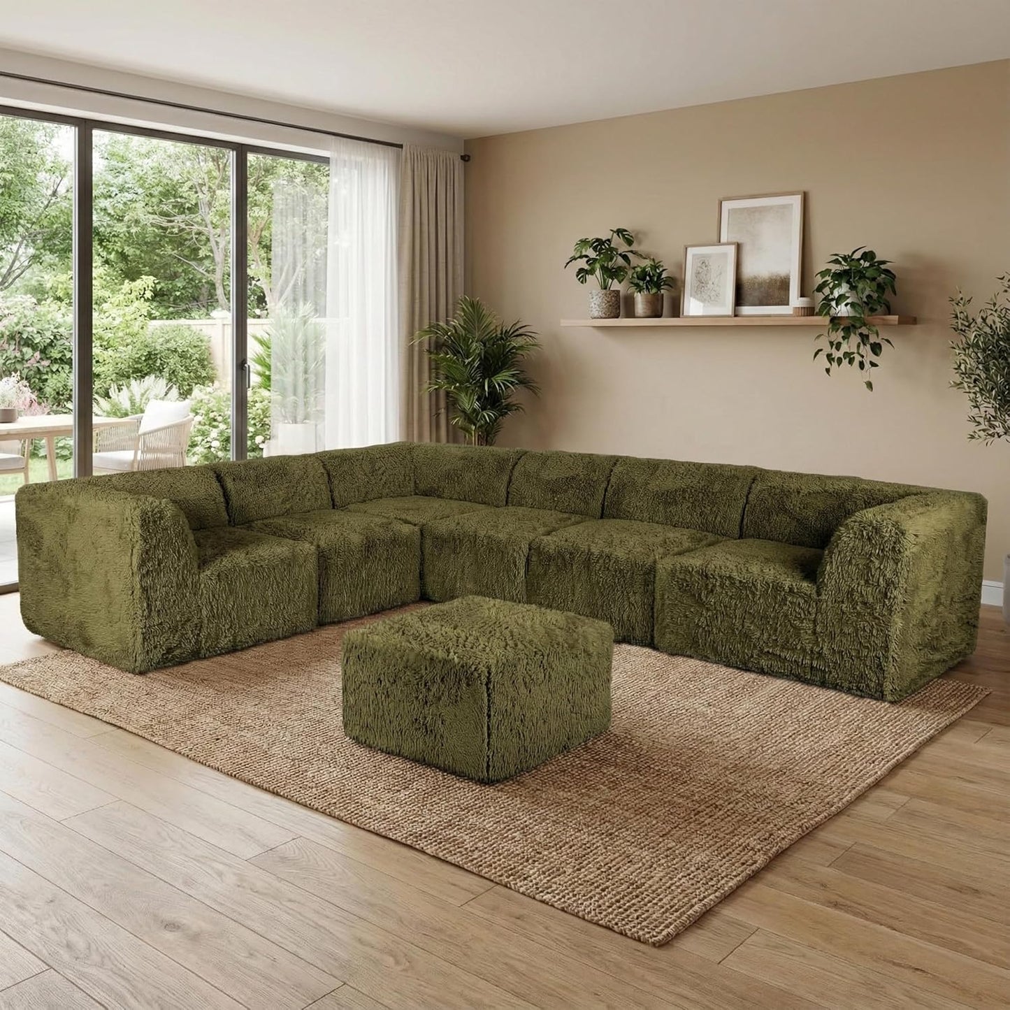 Nappi Modern Faux Fur Compressed Sectional - Olive Green