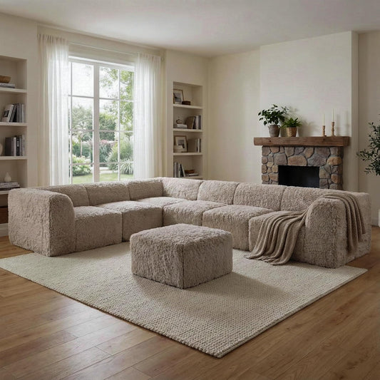 Nappi Modern 7-Piece Faux Fur Compressed Sectional & Ottoman - Taupe