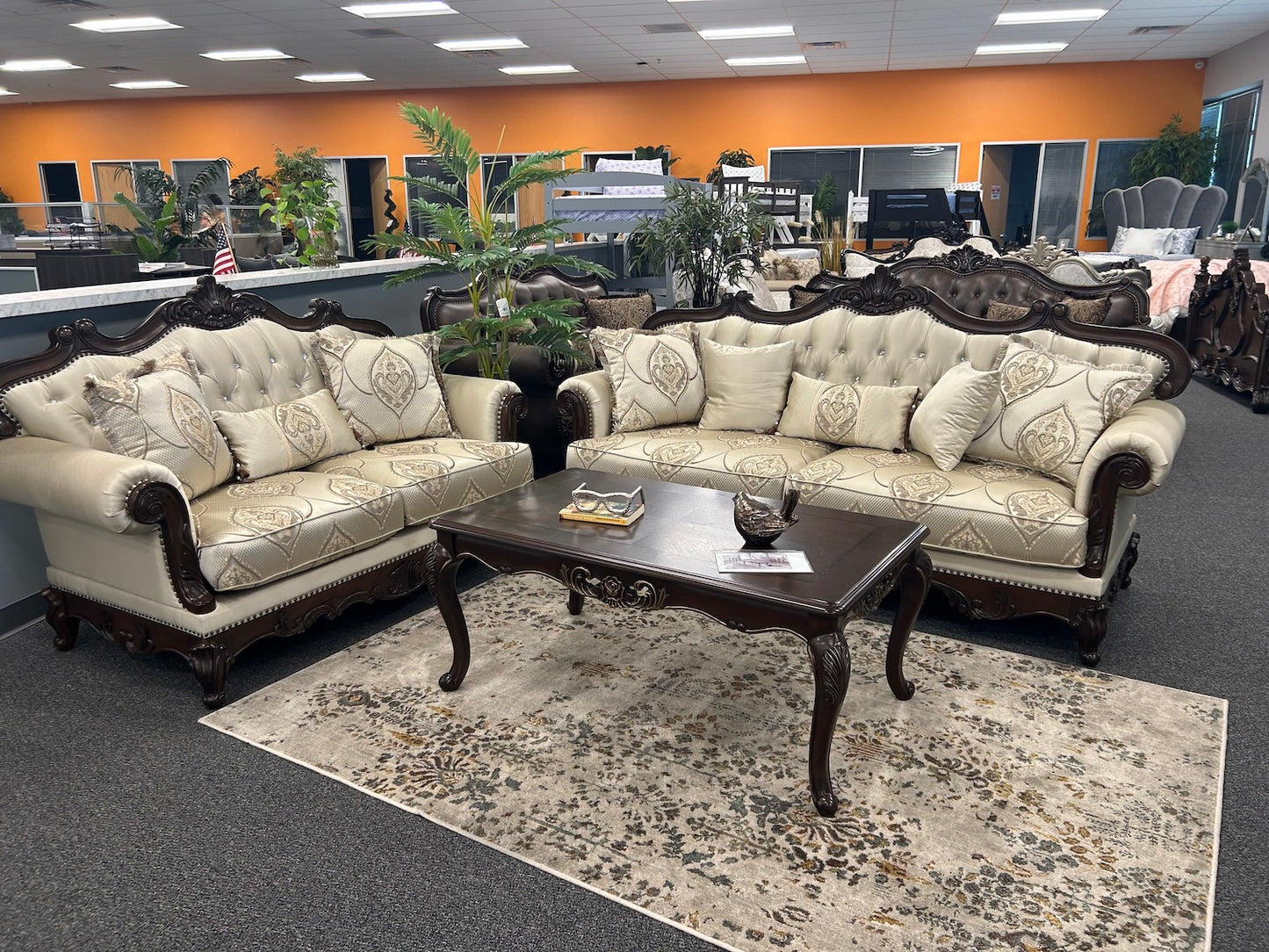 Veracruz Traditional Sofa with Wood Trim - Beige & Dark Cherry