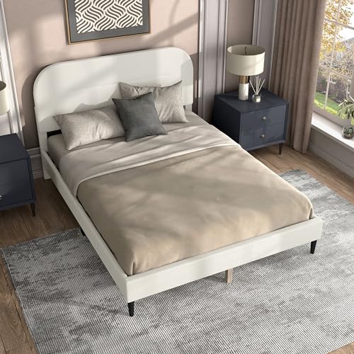 Heswall Mid-Century Modern King Linen Bed with Angled Legs- Beige