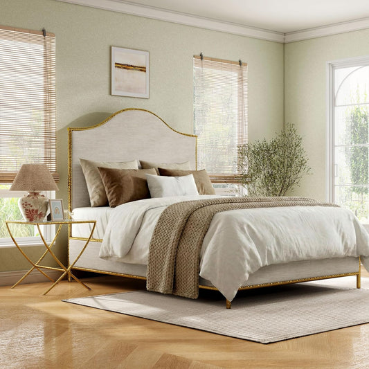 Vilna Beige Linen & Hammered Gold 4-Piece King Bedroom Set with Camel Back Headboard