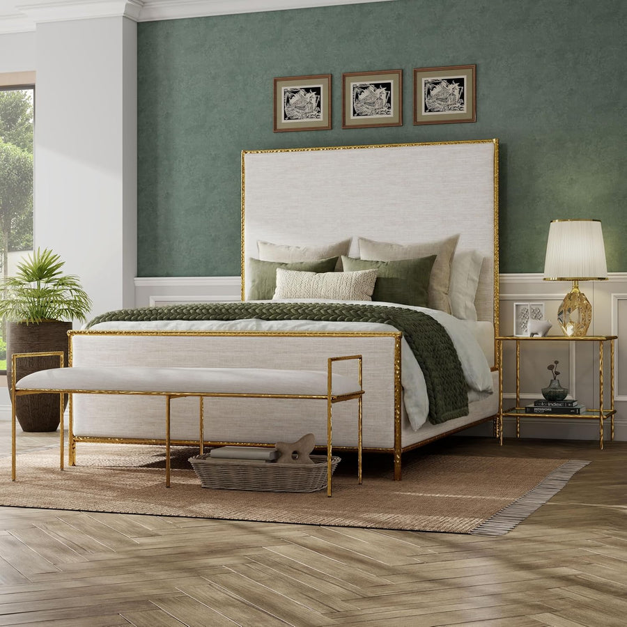 Valda Full Linen & Hammered Metal Bed - Matte Gold