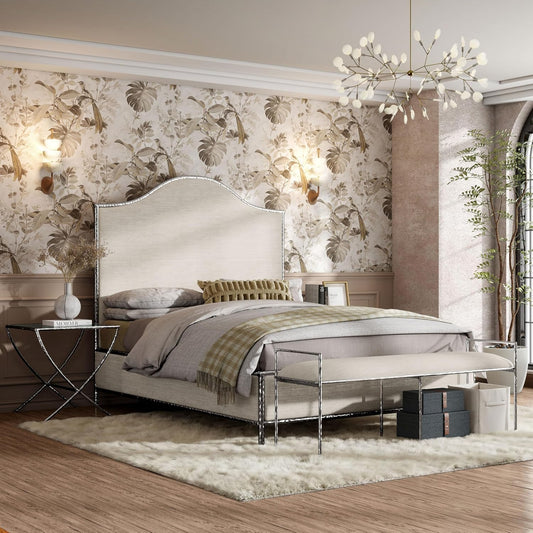 Vilna Beige Linen & Hammered Silver 4-Piece King Bedroom Set with Camel Back Headboard