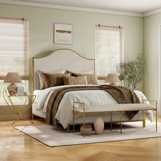 Vilna Beige Linen & Hammered Gold 4-Piece King Bedroom Set with Camel Back Headboard