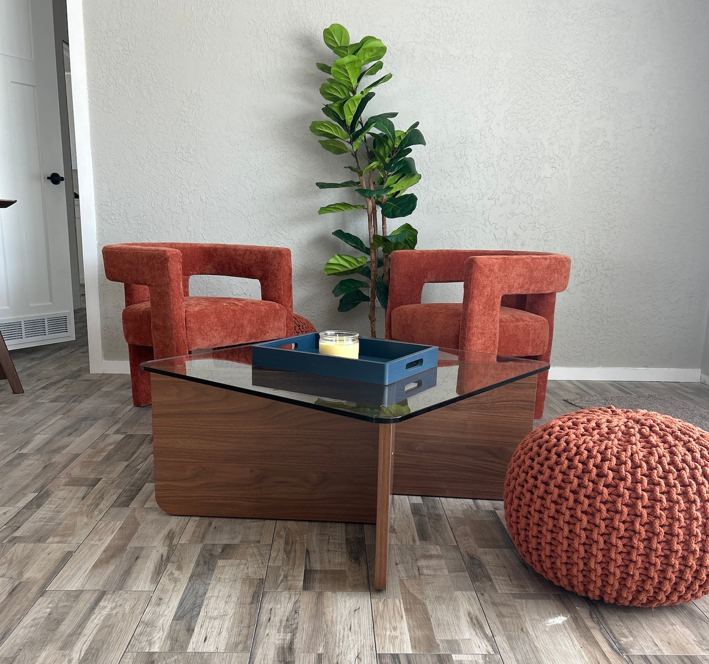 Grayson Square Glass Coffee Table – Walnut Base
