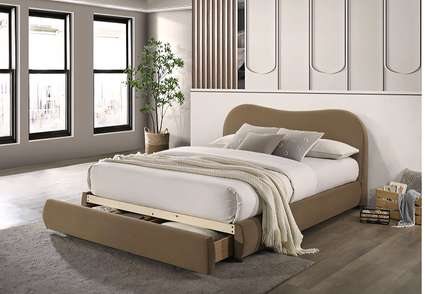 Grimsby Contemporary King Velvet Storage Platform Bed – Olive Green, Brown, or Gray