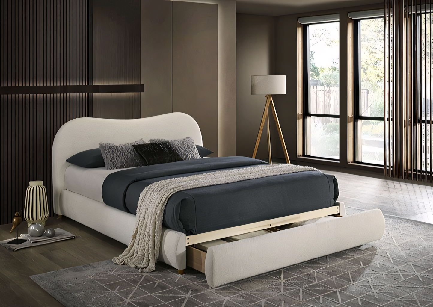 Grimsby Contemporary Queen Boucle Storage Platform Bed – White