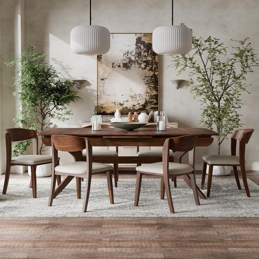 Hadsten II 7-Piece Mid-Century Dining Set – Walnut with Faux Leather Chairs