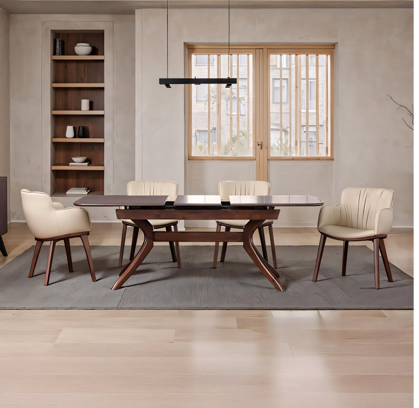 Hadsten II 5-Piece Mid-Century Dining Set – Walnut with Faux Leather Chairs