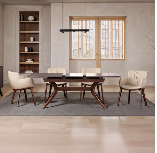 Hadsten II 5-Piece Mid-Century Dining Set – Walnut with Faux Leather Chairs