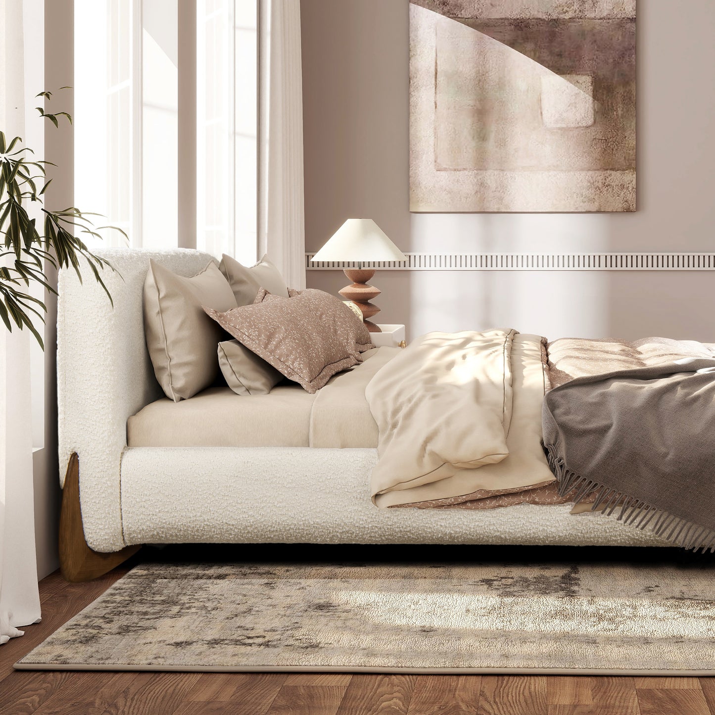 Haven Puffy Bouclé Queen Platform Bed - Ivory White