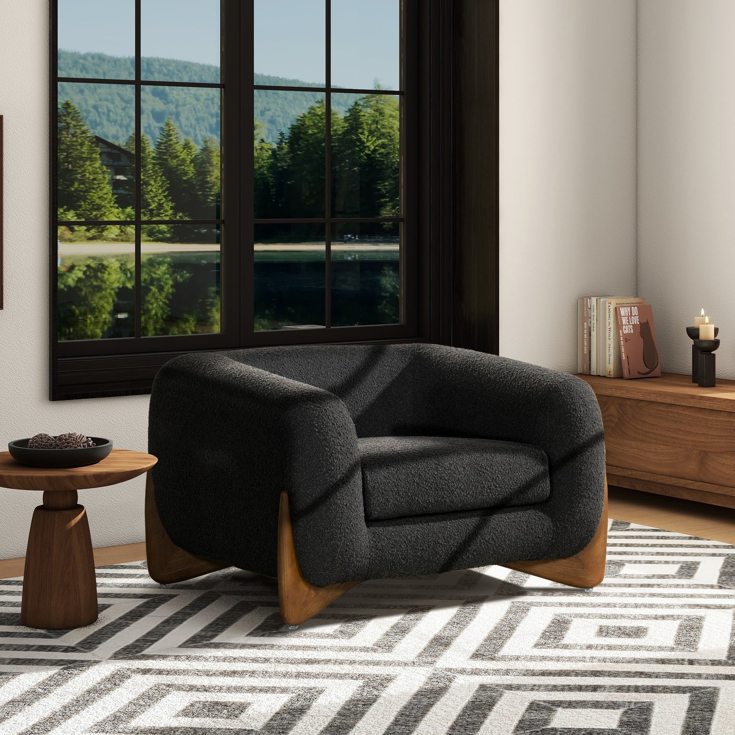 Haven Black Bouclé  Armchair with Walnut Feet -Black