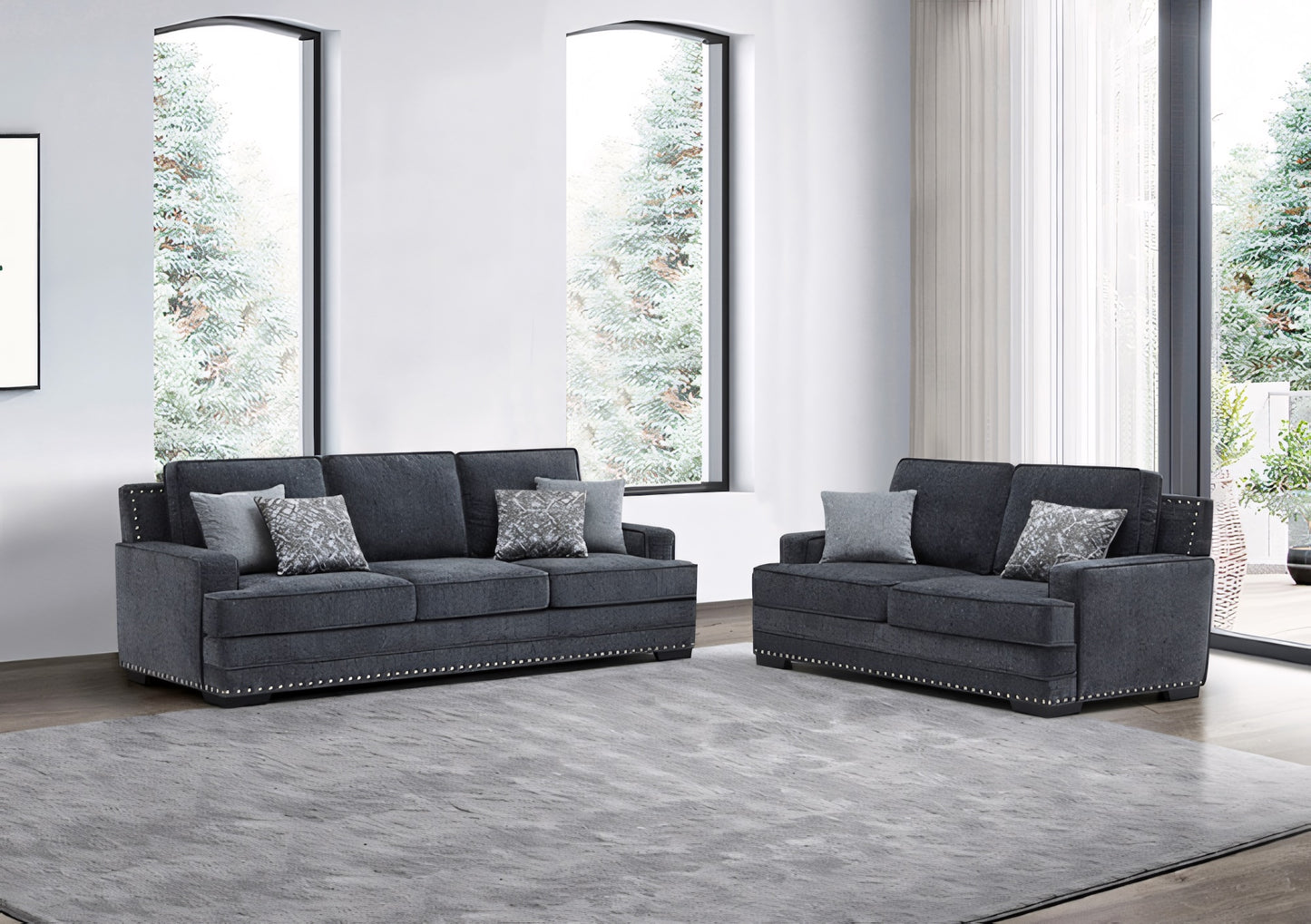 Hawthorne 2-Piece Chenille Sofa & Loveseat Set with Nailhead Trim – Light Gray, Dark Gray, or Taupe