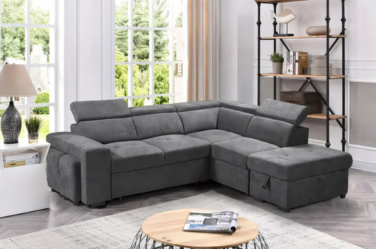 Henrick Modern Sleeper Sectional Sofa with Storage Ottoman & Stools – Light Gray or Dark Gray