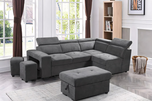 Henrick Modern Sleeper Sectional Sofa with Storage Ottoman & Stools – Light Gray or Dark Gray