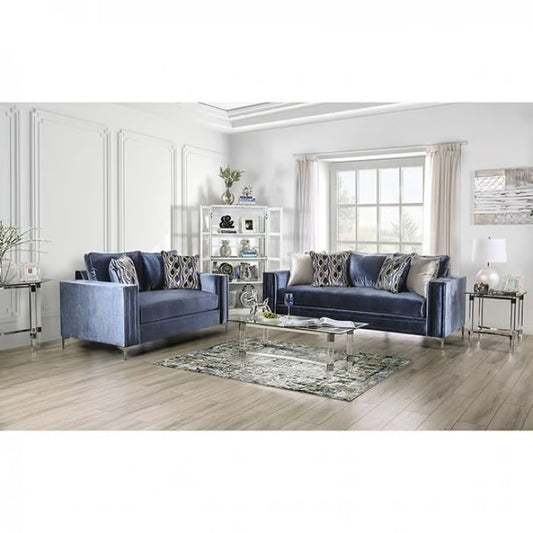 Jodie Transitional Sofa & Loveseat Set in Satin Blue Microfiber