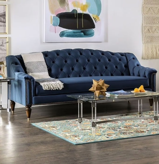 Martinique Blue Velvet Camel Back Sofa - Furniture of America SM2230
