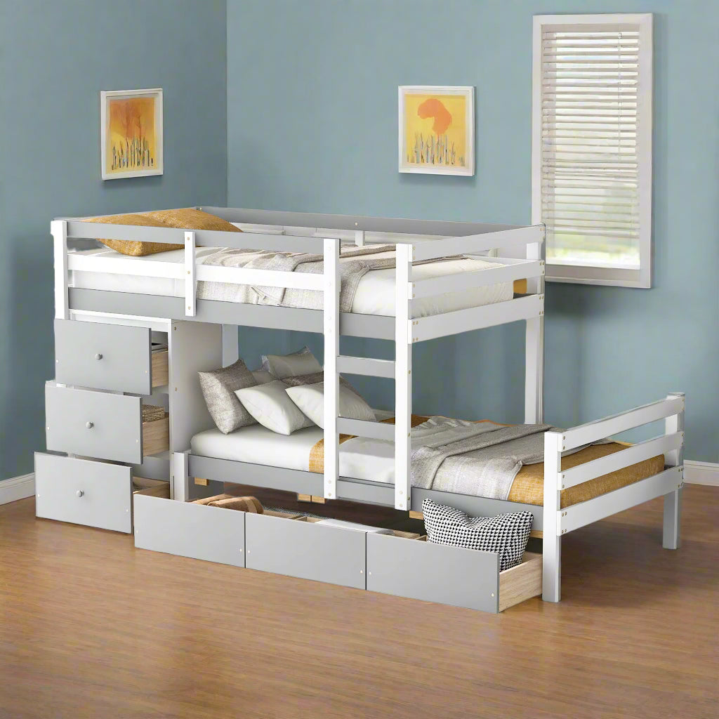 Hughes Twin over Twin Bunk Bed with Drawers and Ladder, Gray