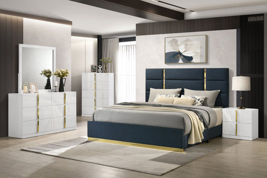 Ines Contemporary Queen Bedroom Set with Gold Accents – Navy & White High Gloss