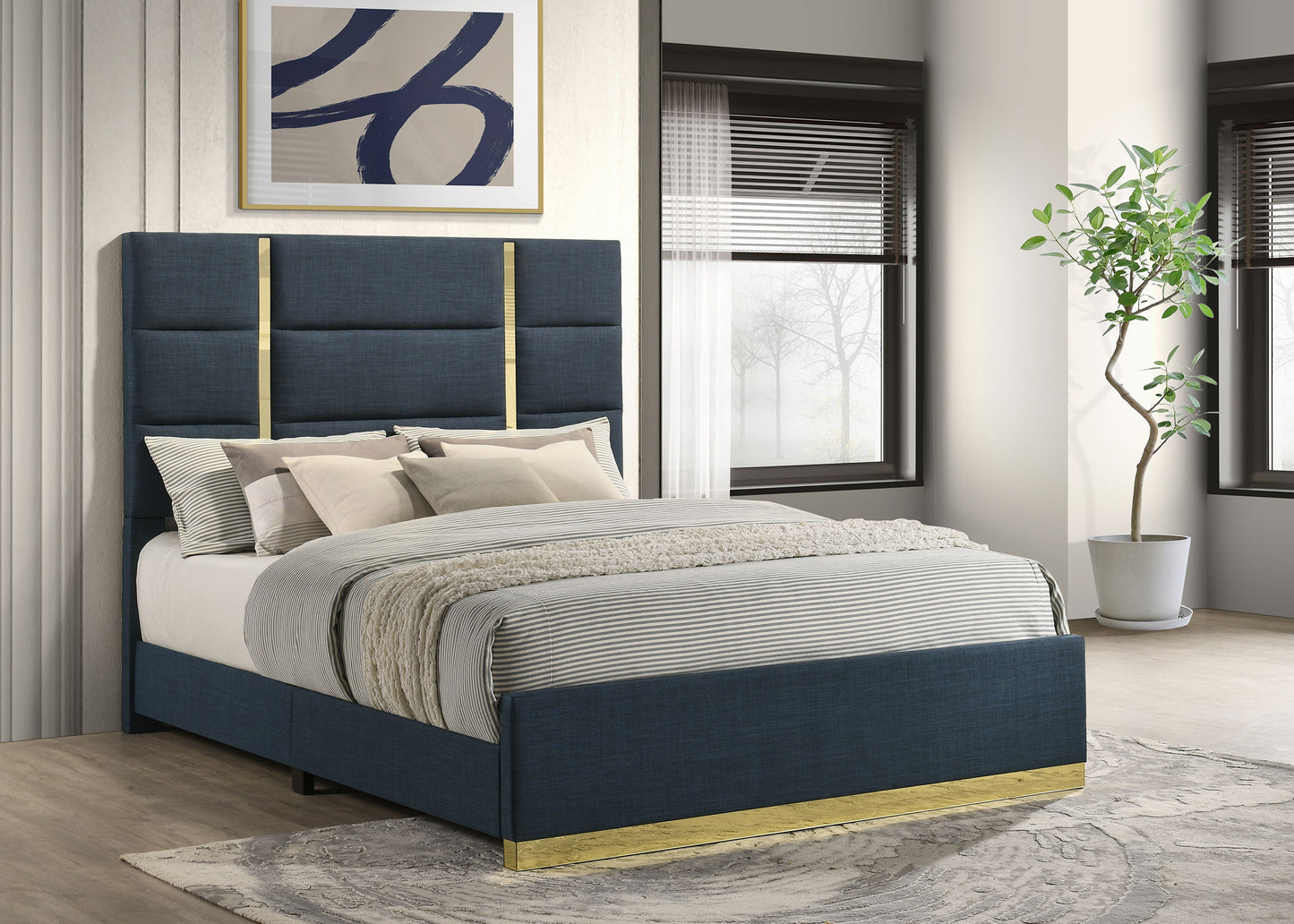 Ines Contemporary Upholstered Queen Bed with Gold Accents – Navy & White High Gloss