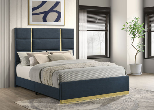 Ines Contemporary Upholstered Queen Bed with Gold Accents – Navy & White High Gloss