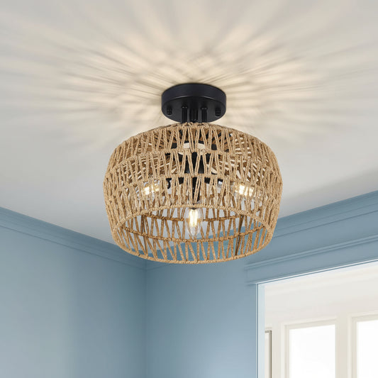 Woven ceiling light fixture in a room with neutral walls and a window.