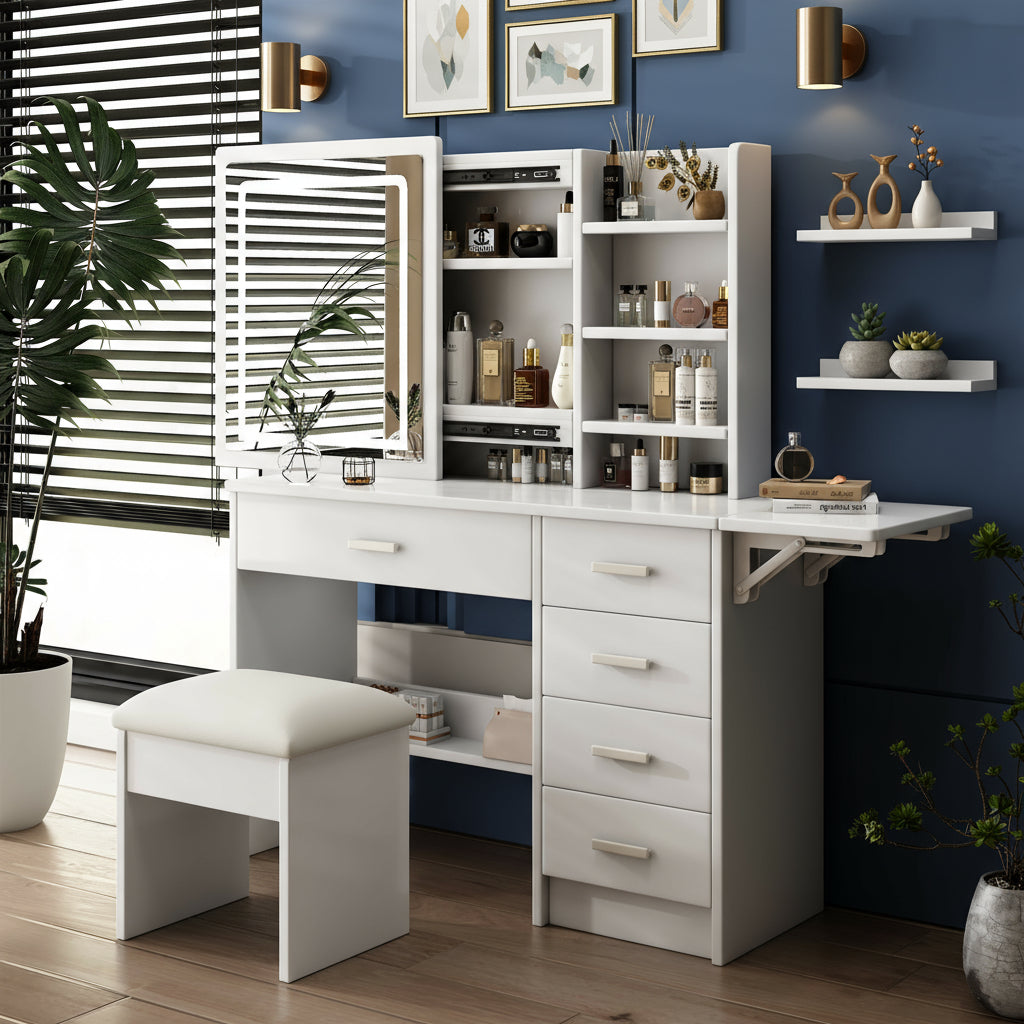 Contemporary White Bedroom Vanity Set with LED Mirror