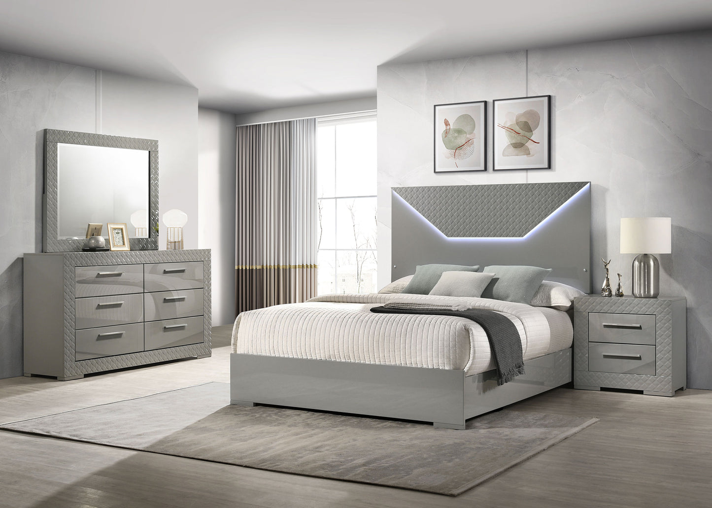 Ives Modern High Gloss Bedroom Set in White or Gray