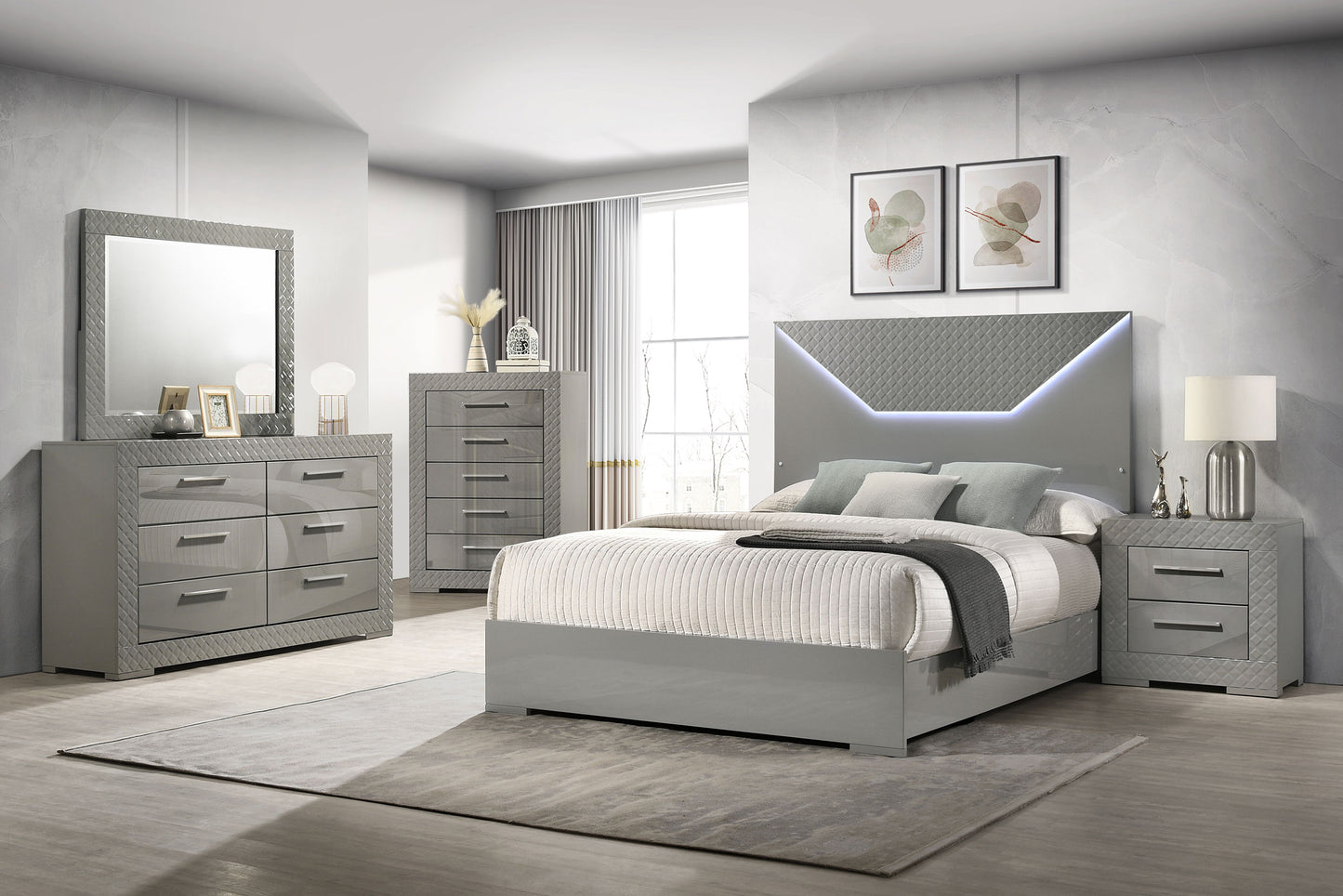 Ives Modern High Gloss Bedroom Set in White or Gray
