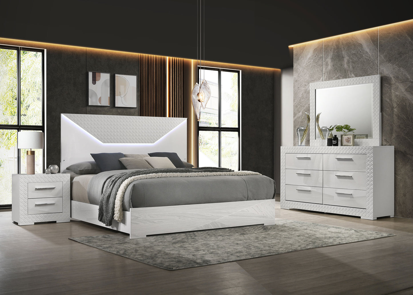 Ives Modern High Gloss Bedroom Set in White or Gray