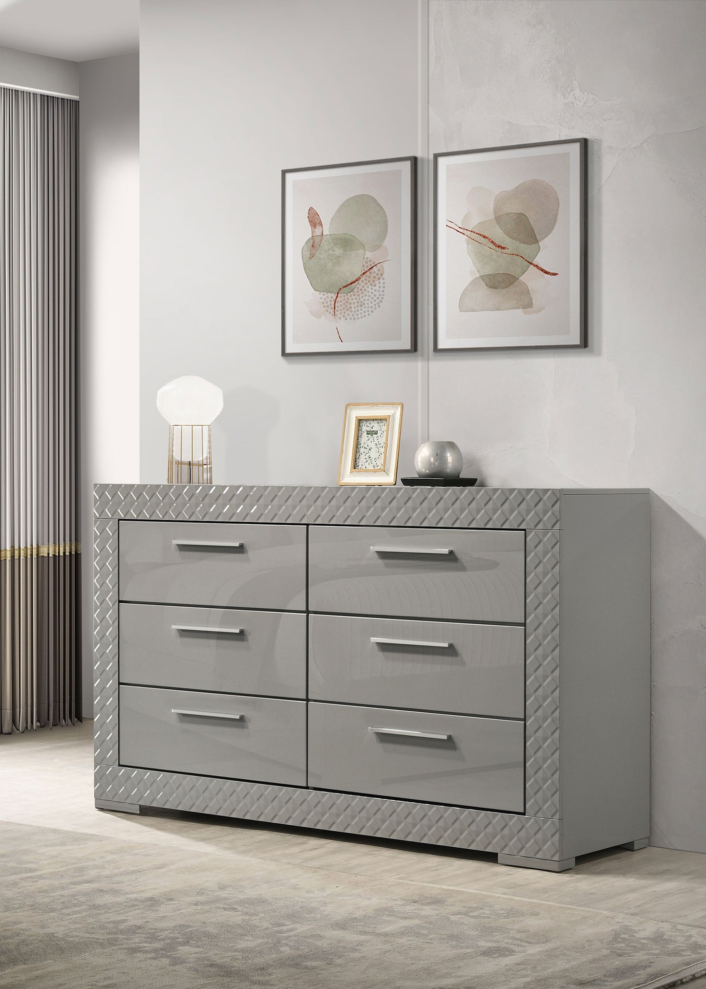 Ives 6-Drawer Dresser in Gray High Gloss