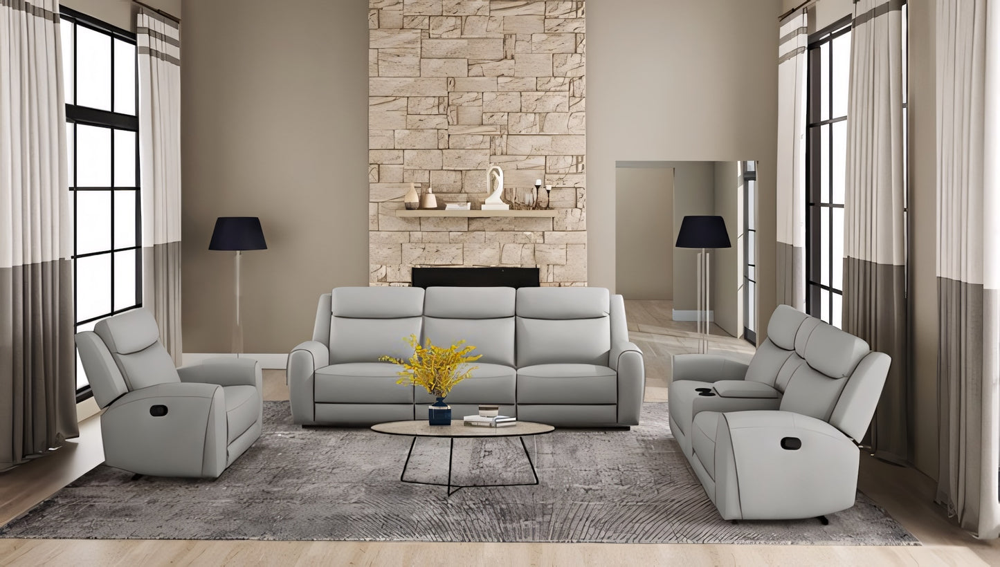 Jacobus Transitional Top Grain Leather Reclining Sofa, Light Gray