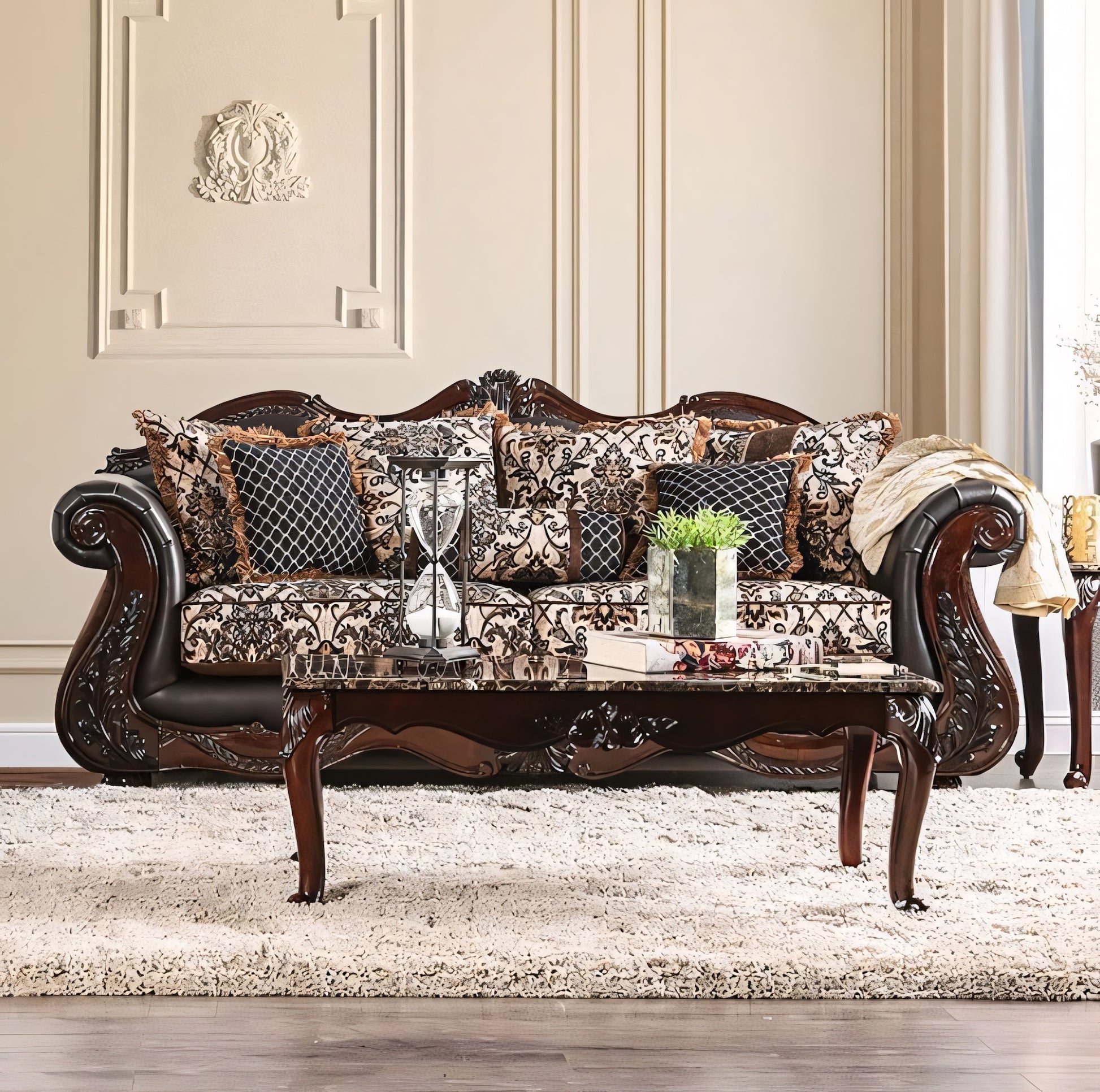Decorative living room with a patterned sofa and coffee table.