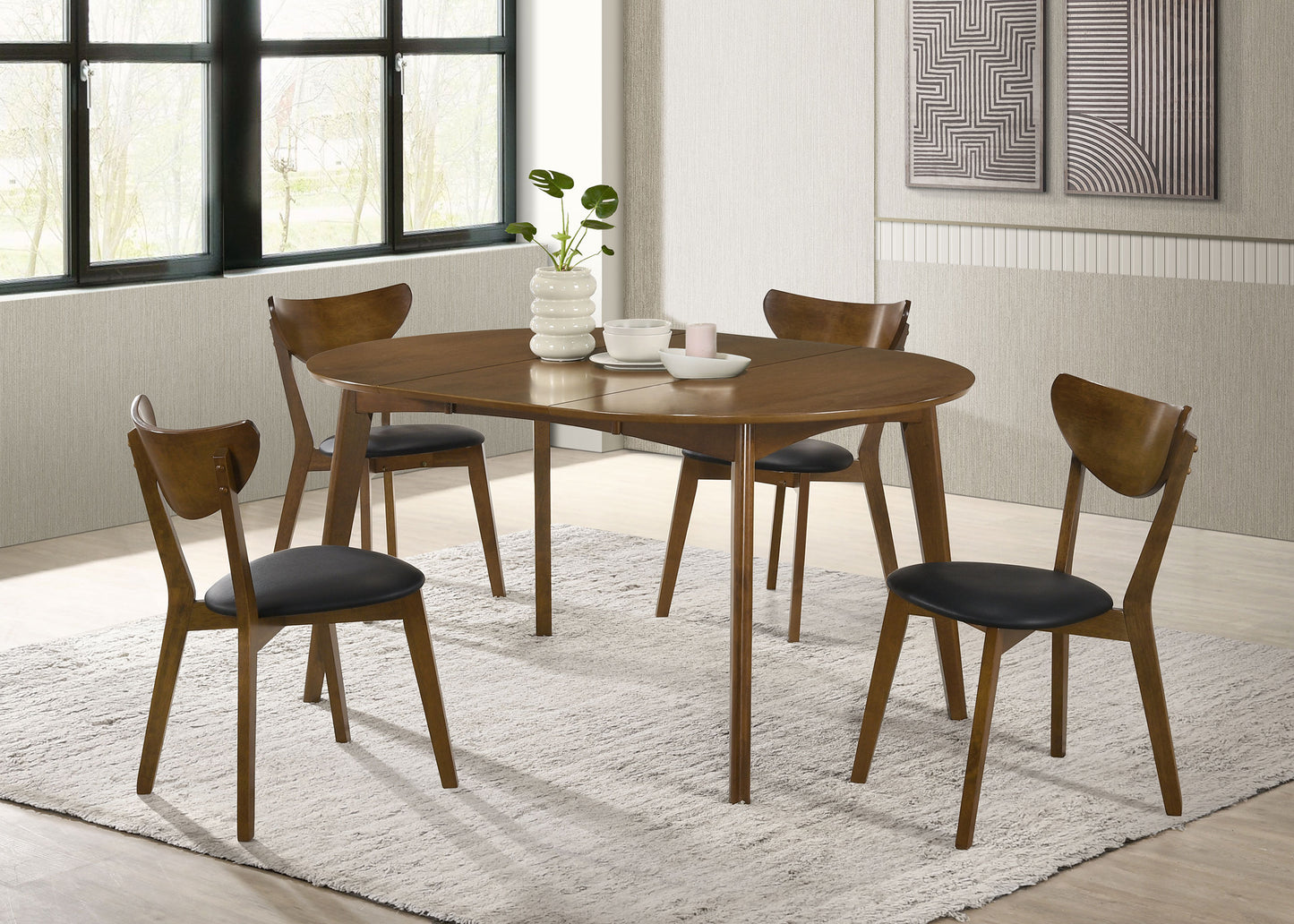 Jedda Mid-Century 5-Piece Dining Set – Dark Walnut & Upholstered Chairs - Finally Home Furnishings LLC