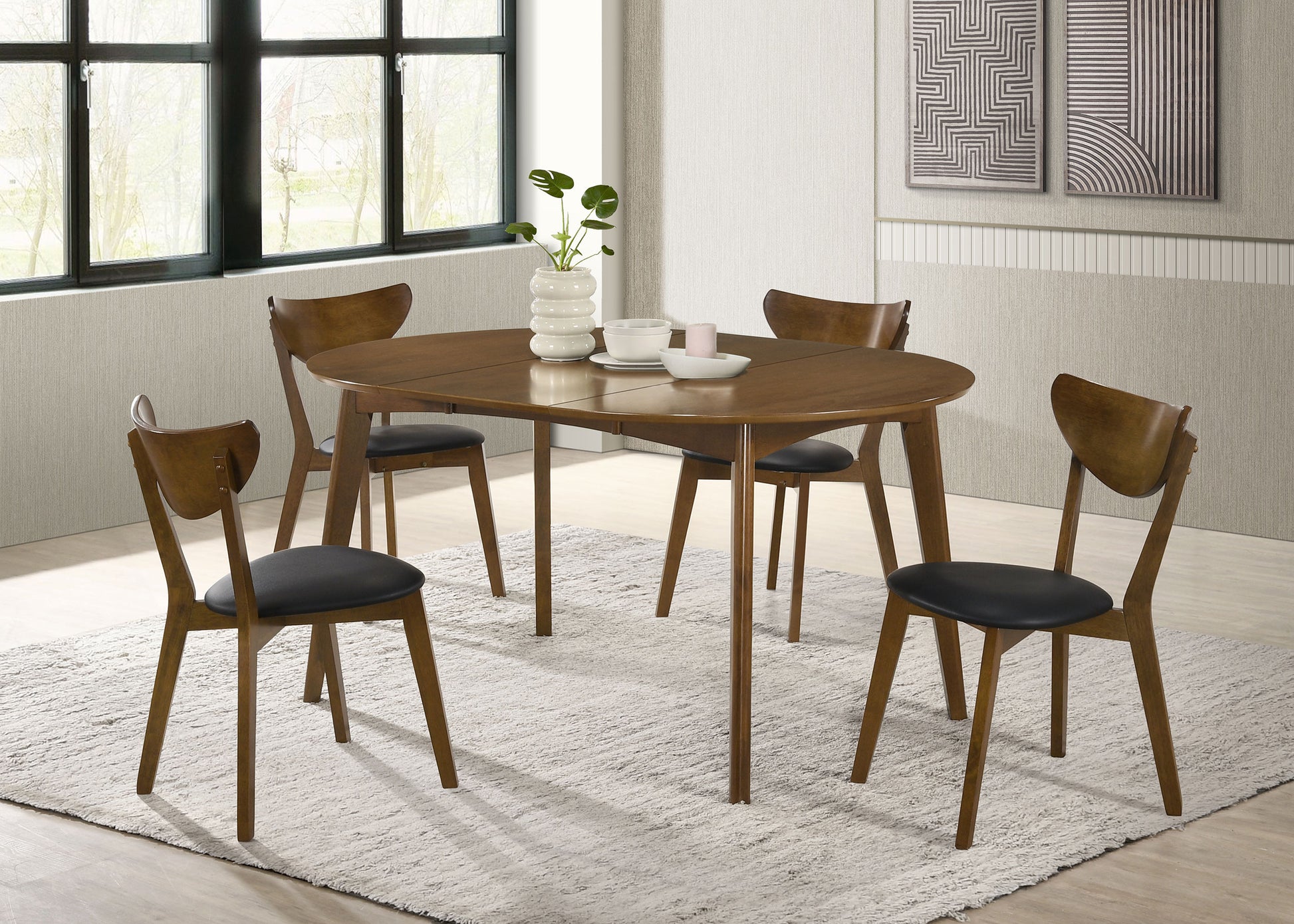 Jedda Mid-Century 5-Piece Dining Set – Dark Walnut & Upholstered Chairs - Finally Home Furnishings LLC