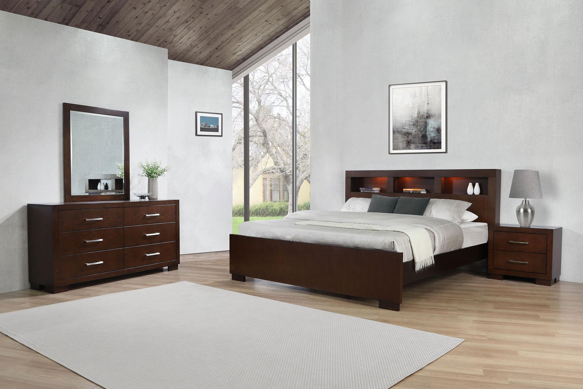 Jessica Contemporary Queen Platform with Bookcase Headboard, Cappuccino - Finally Home Furnishings LLC