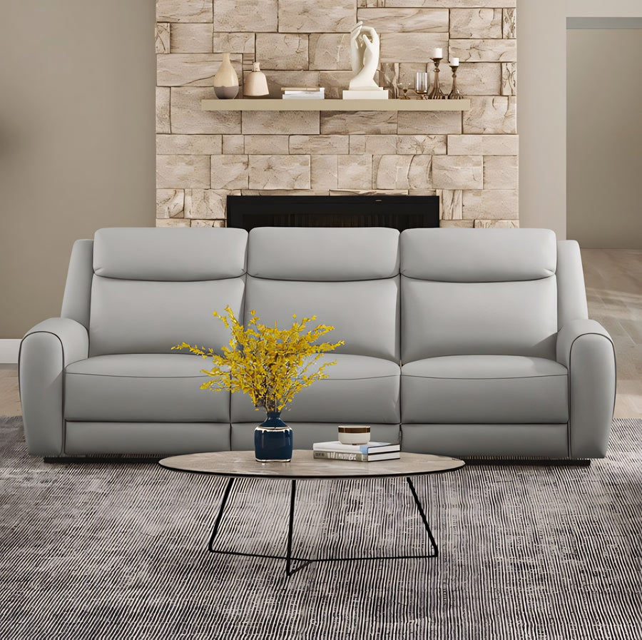 Jacobus Transitional Top Grain Leather Reclining Sofa, Light Gray