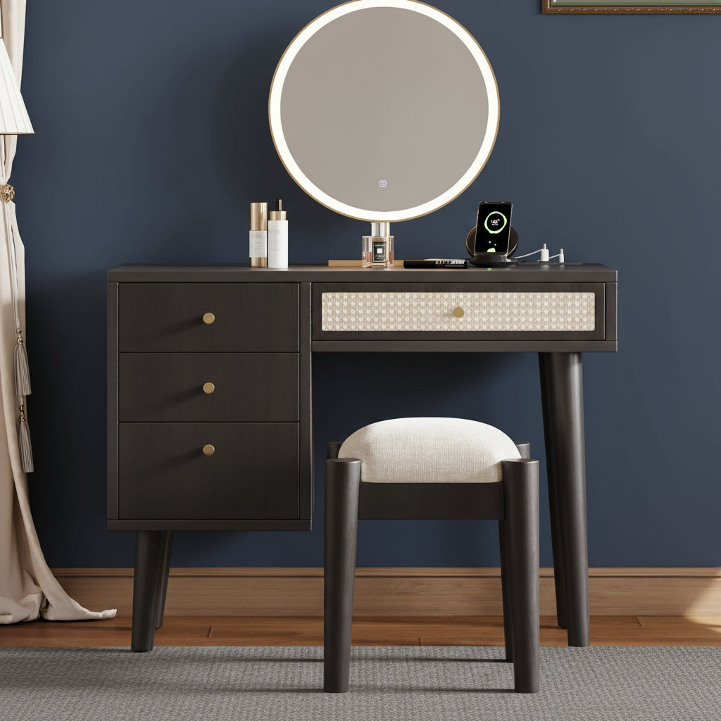 Jolene 39' Retro Bohemian Style Wooden Makeup Vanity Set, Black