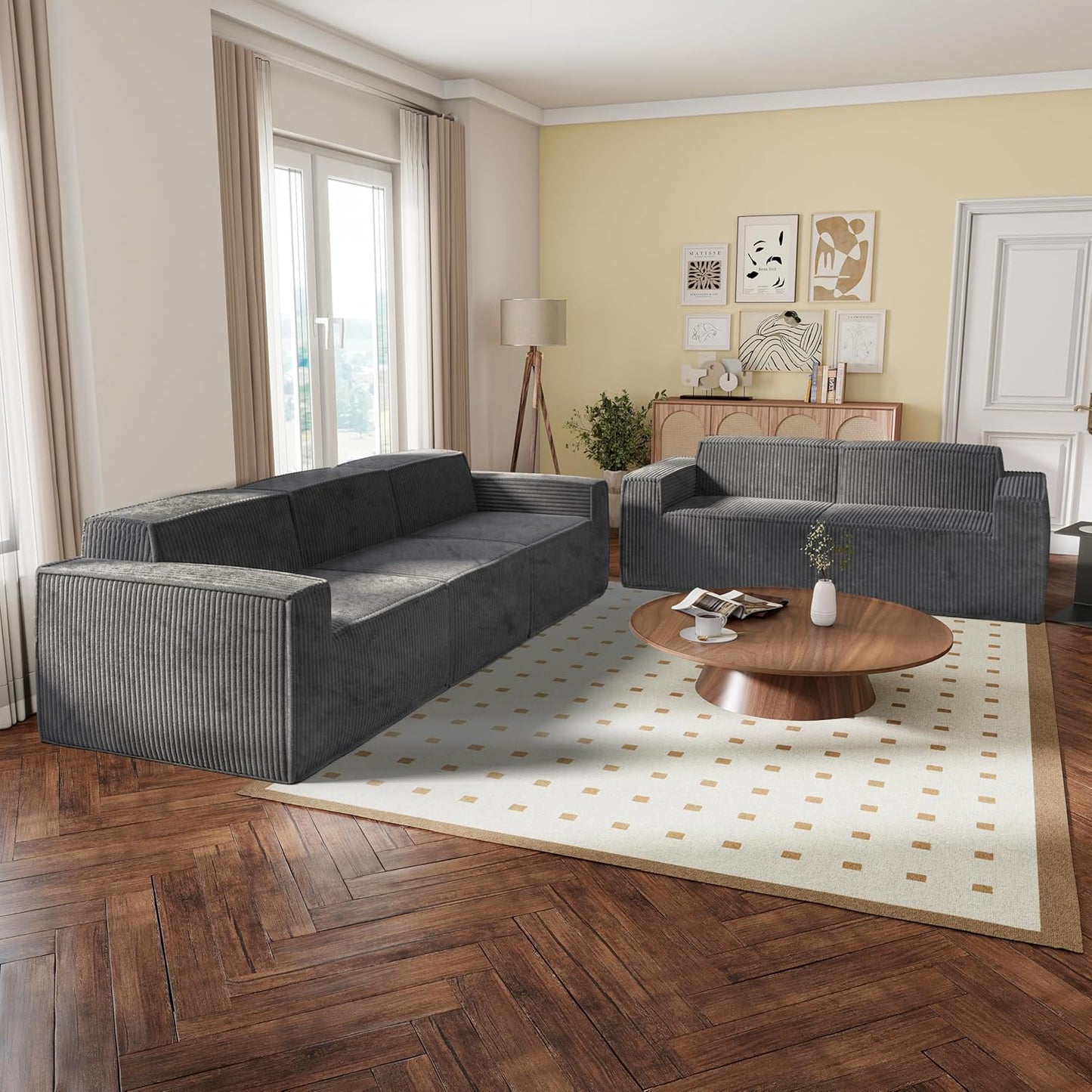 Kimara Modern Chenille Compressed Foam Sofa & Loveseat Set – Black or Gray