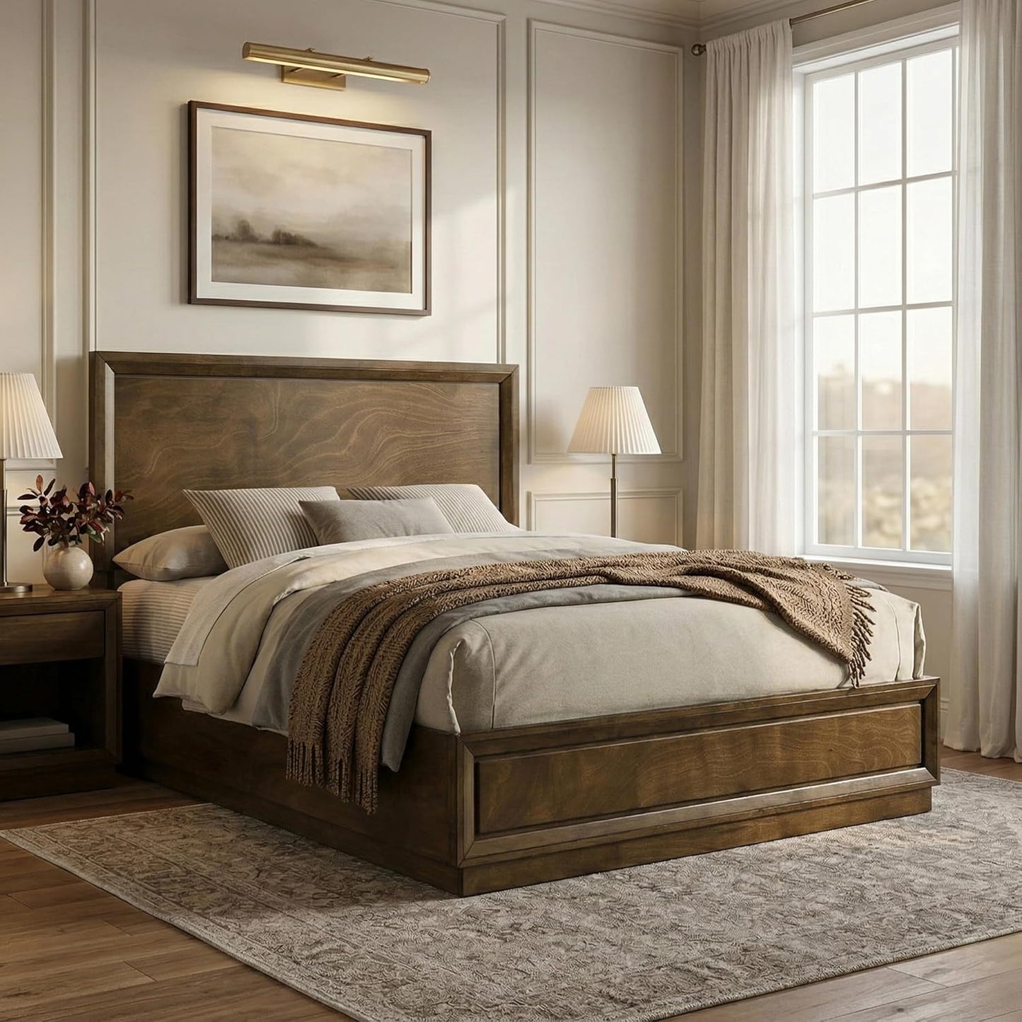 Kirkham Transitional Wooden King Panel Bed, Walnut