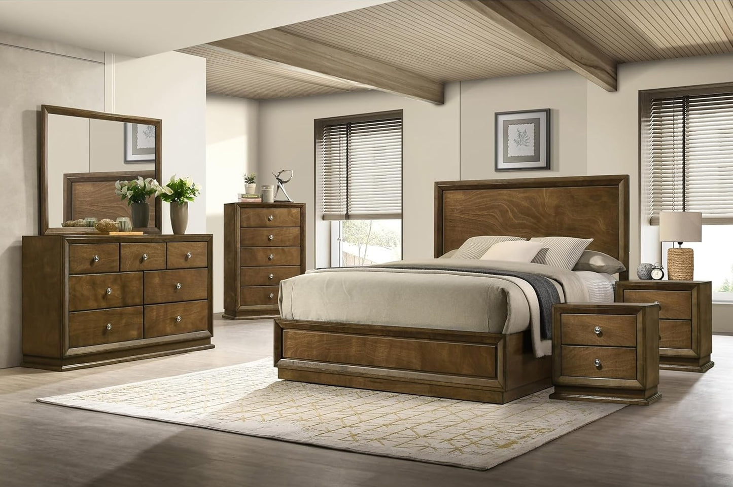 Kirkham Transitional Wooden King Panel Bed, Walnut